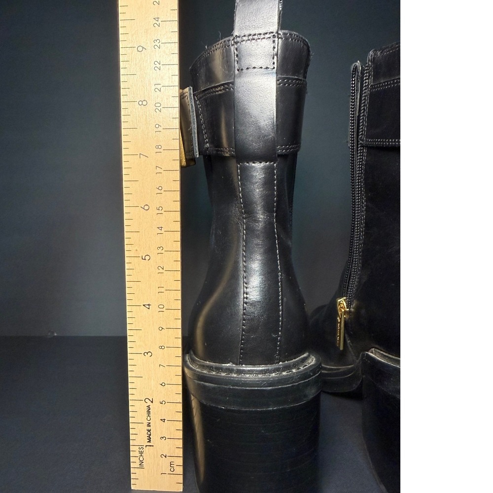 Vince Camuto Black Leather Moto Ankle Boots Gold Buckle Block‎ Heel Square Toe - Picture 15 of 15